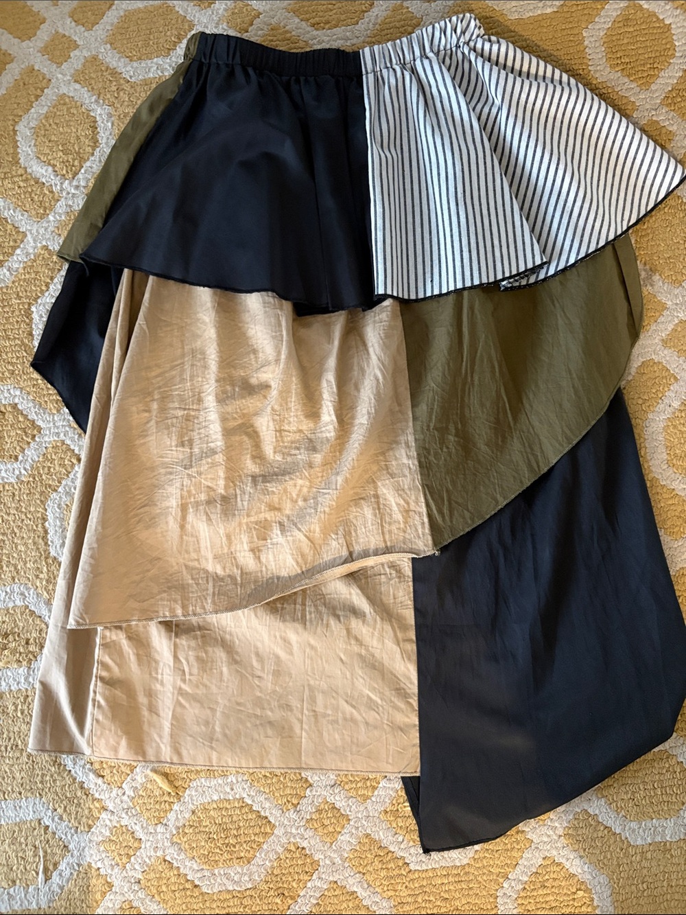 Asymmetrical Patchwork Midi Skirt in Black, Olive & Beige - Picture 3 of 3